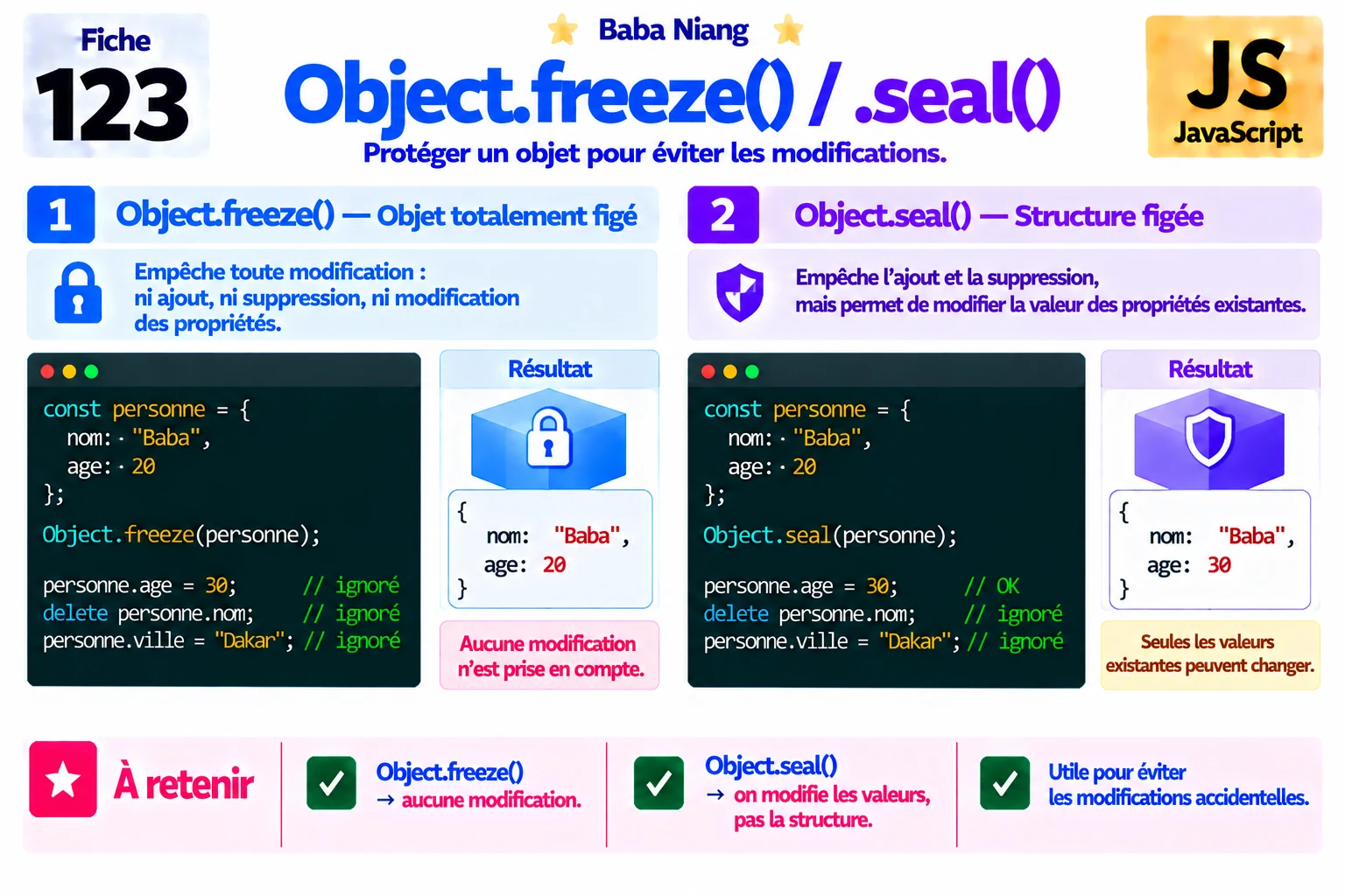 Fiche 123 — Object.freeze() et Object.seal()